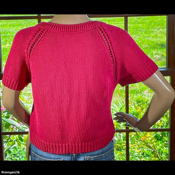 ▪️ANNE KLEIN▪️Dark Hot Pink Cotton Short Sleeve One-Button Cardigan Top - Picture 2 of 5
